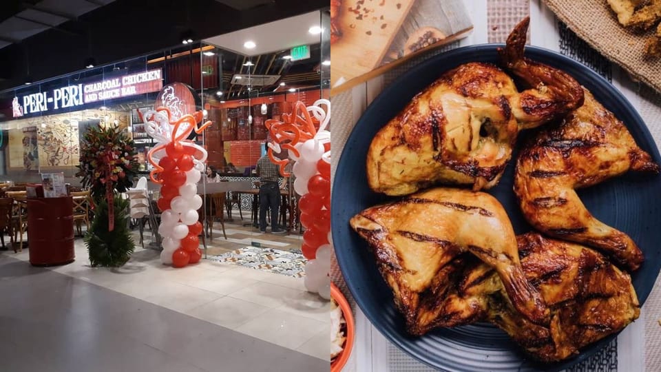 left: exterior view of peri peri; right: bestselling dish from peri peri